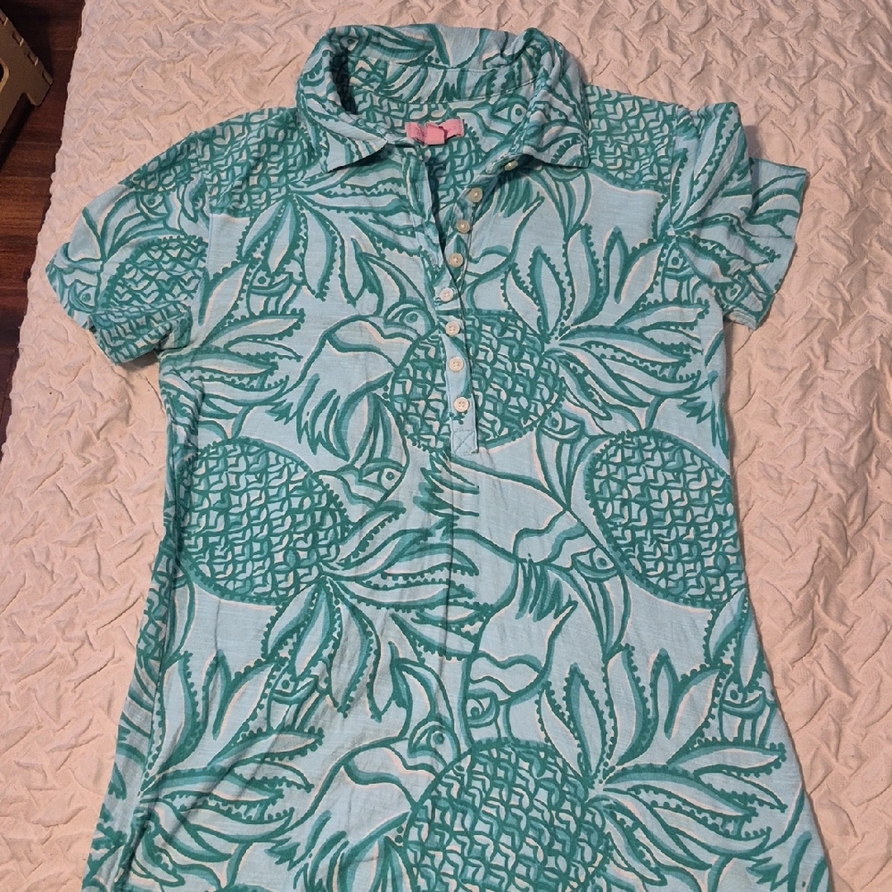 Lilly Pulitzer Teal and White Patterned Shirt
